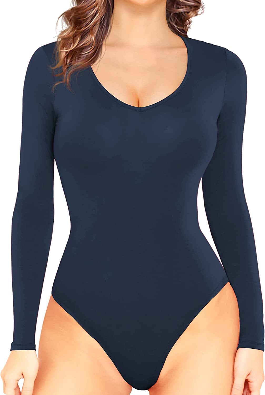 LAOLASI Women'S V Neck Bodysuits 2022 Slim Fit Casual Extender Bodysuit Daily Tshirts 09 Dark Blue Long / X-Large