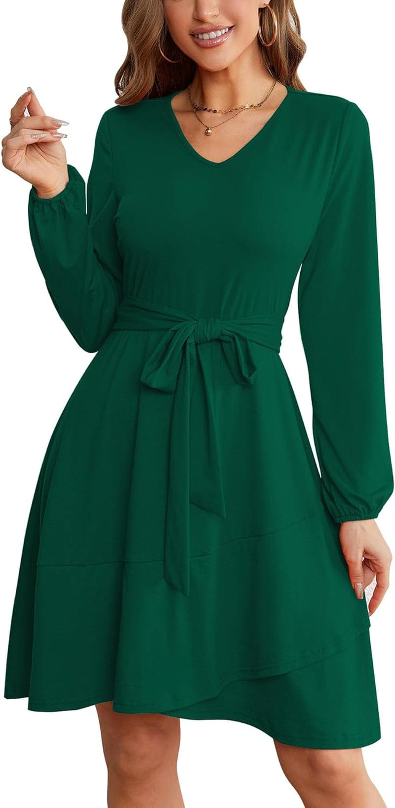 Laqeyko Winter Dresses for Women 2023 Casual Elegant V Neck Long Sleeve Ruffle Swing Wrap Dress with Belt Green / Large
