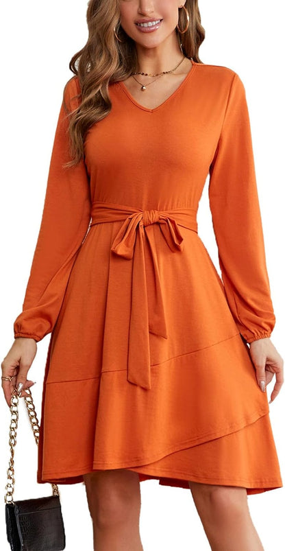 Laqeyko Winter Dresses for Women 2023 Casual Elegant V Neck Long Sleeve Ruffle Swing Wrap Dress with Belt Burnt Orange / Small