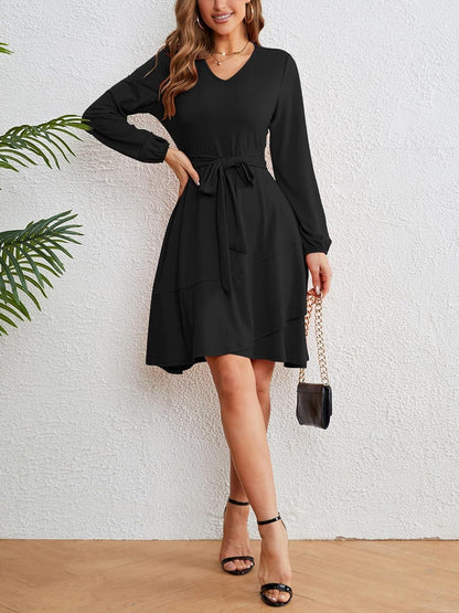 Laqeyko Winter Dresses for Women 2023 Casual Elegant V Neck Long Sleeve Ruffle Swing Wrap Dress with Belt
