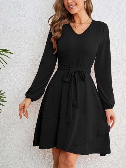 Laqeyko Winter Dresses for Women 2023 Casual Elegant V Neck Long Sleeve Ruffle Swing Wrap Dress with Belt