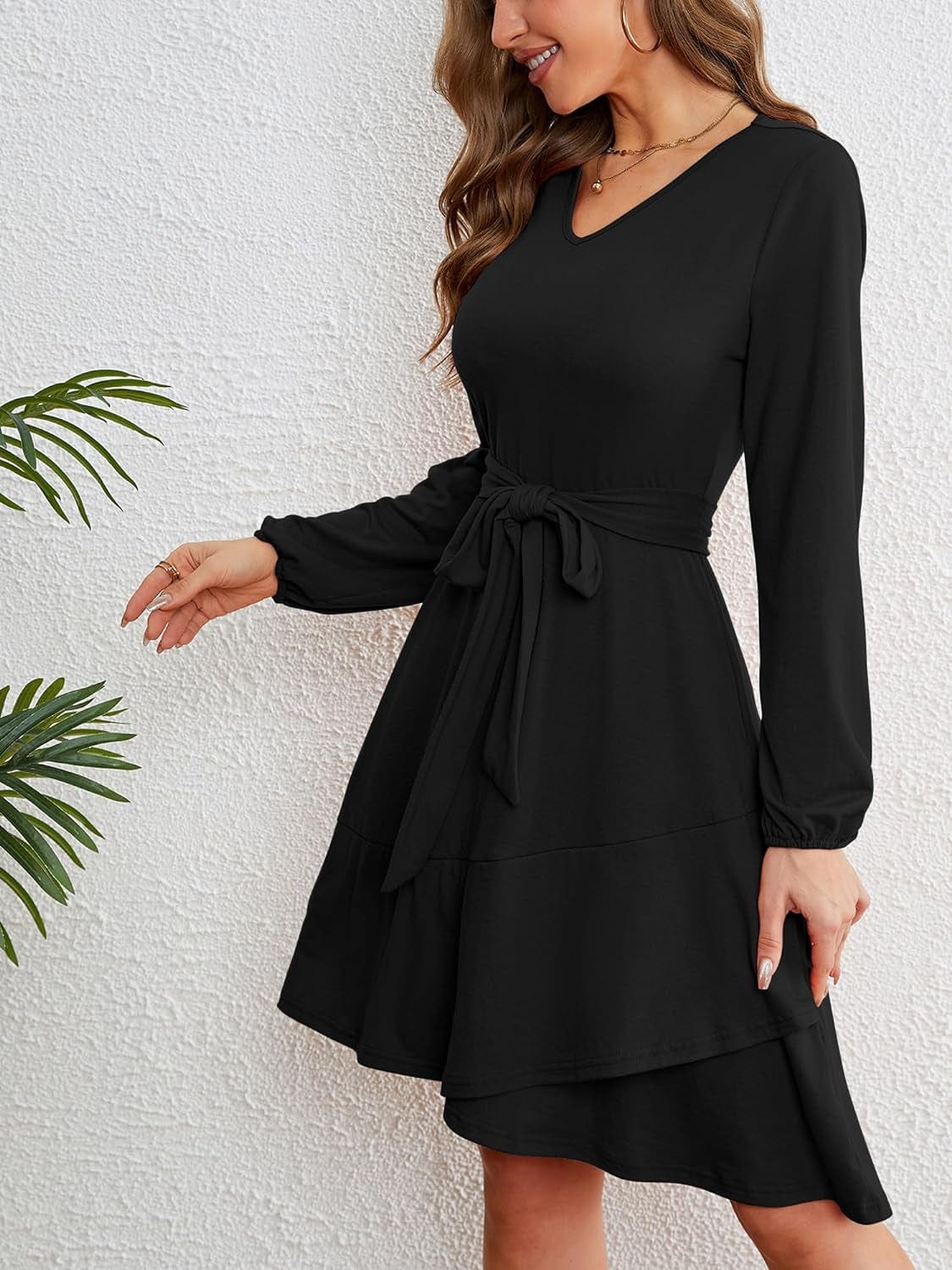 Laqeyko Winter Dresses for Women 2023 Casual Elegant V Neck Long Sleeve Ruffle Swing Wrap Dress with Belt