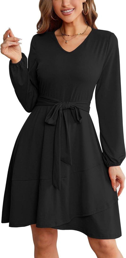 Laqeyko Winter Dresses for Women 2023 Casual Elegant V Neck Long Sleeve Ruffle Swing Wrap Dress with Belt