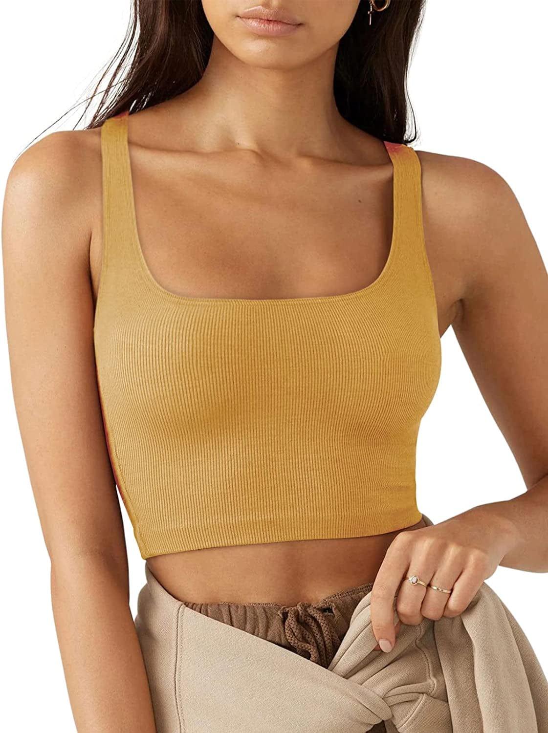 LASLULU Women’S Sexy Sleeveless Square Neck Fitted Ribbed Gym Workout Crop Tank Tops Yellow / Large