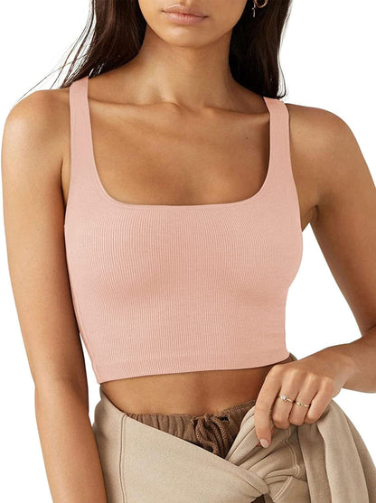 LASLULU Women’S Sexy Sleeveless Square Neck Fitted Ribbed Gym Workout Crop Tank Tops Pink / Large
