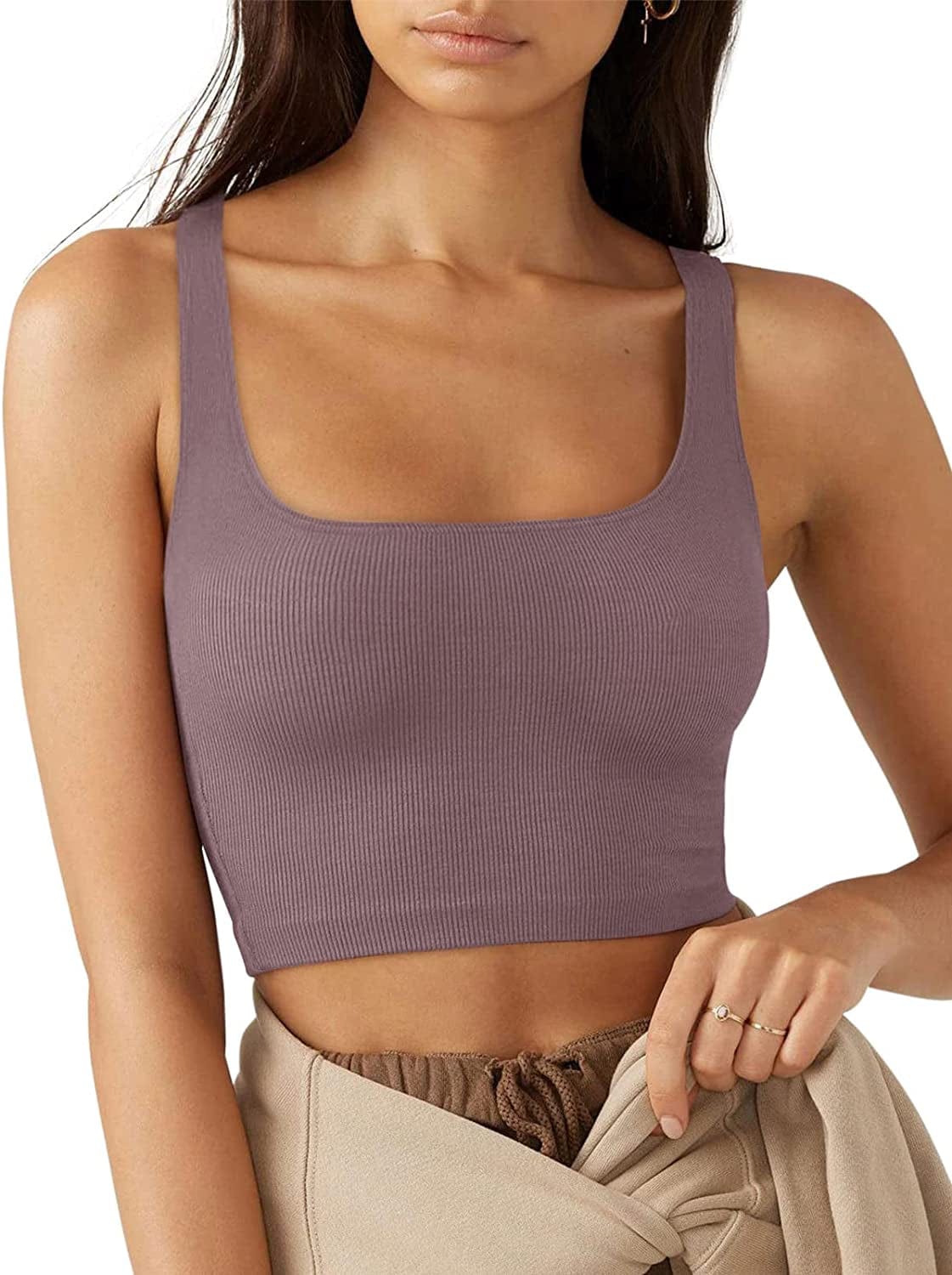 LASLULU Women’S Sexy Sleeveless Square Neck Fitted Ribbed Gym Workout Crop Tank Tops Mauve Red / Large
