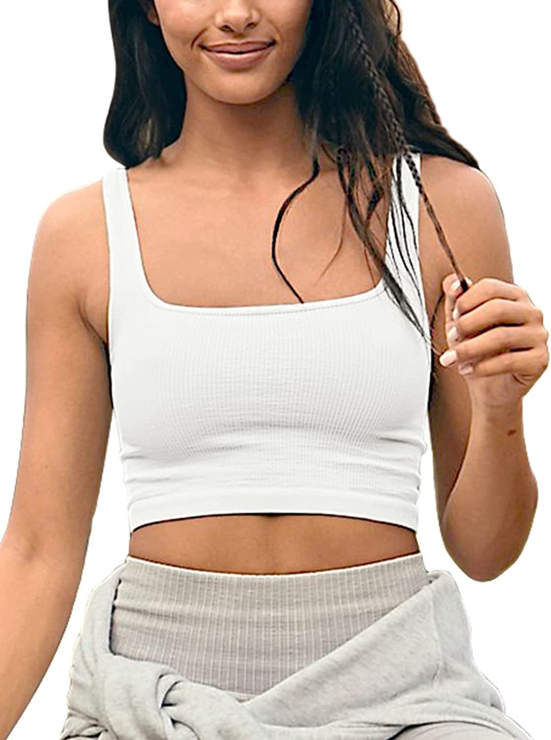 LASLULU Women’S Sexy Sleeveless Square Neck Fitted Ribbed Gym Workout Crop Tank Tops