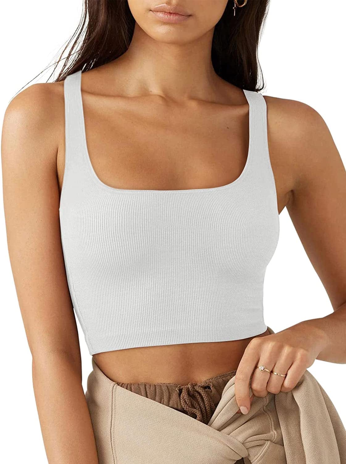LASLULU Women’S Sexy Sleeveless Square Neck Fitted Ribbed Gym Workout Crop Tank Tops White / Large