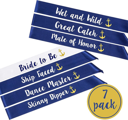 “Last Sail before the Veil” Bachelorette Sashes | 7 Pack | 1 Bride to Be Sash and 6 Bride Tribe Sashes with Fun Nautical Phrases Apparel & Accessories > Clothing Accessories > Sashes Pop Fizz Designs   