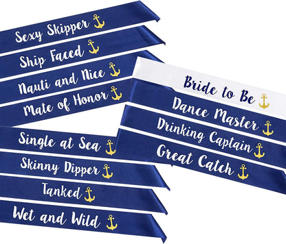 “Last Sail before the Veil” Bachelorette Sashes | 7 Pack | 1 Bride to Be Sash and 6 Bride Tribe Sashes with Fun Nautical Phrases Apparel & Accessories > Clothing Accessories > Sashes Pop Fizz Designs 12  