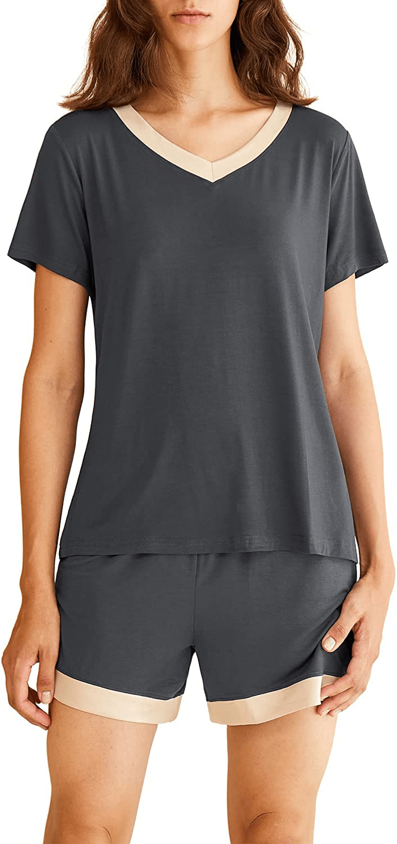 Latuza Women's V-neck Sleepwear Short Sleeve Pajama Set Apparel & Accessories > Clothing > Sleepwear & Loungewear > Pajamas KYLIE MAX Gray Large Petite 