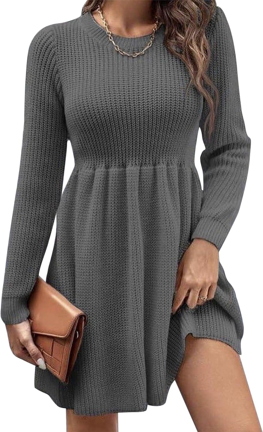 Lauweion Women'S Bodycon Knee Length Skater Sweater Dress Long Sleeve Crewneck Empire Waist Swing Babydoll Dresses Dark Grey / Large