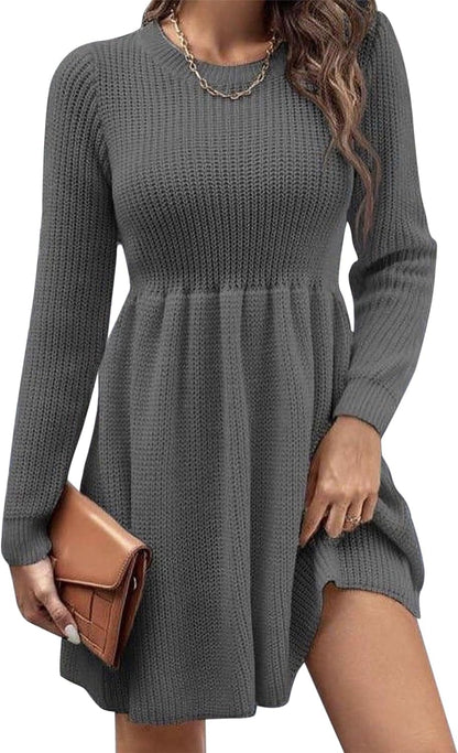 Lauweion Women'S Bodycon Knee Length Skater Sweater Dress Long Sleeve Crewneck Empire Waist Swing Babydoll Dresses Dark Grey / Large