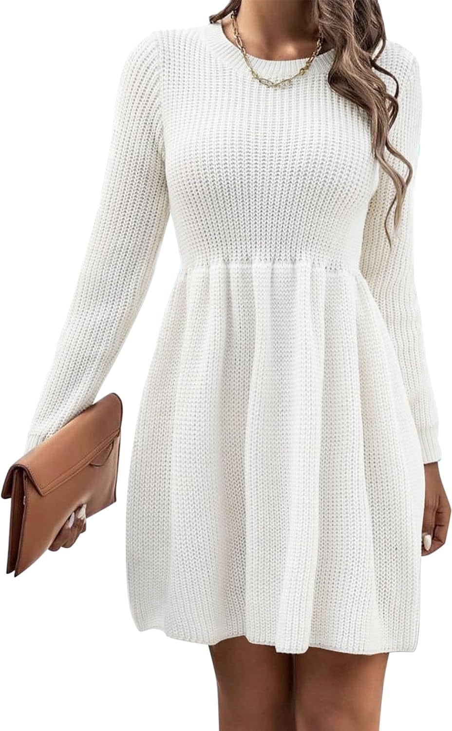 Lauweion Women'S Bodycon Knee Length Skater Sweater Dress Long Sleeve Crewneck Empire Waist Swing Babydoll Dresses White / Medium