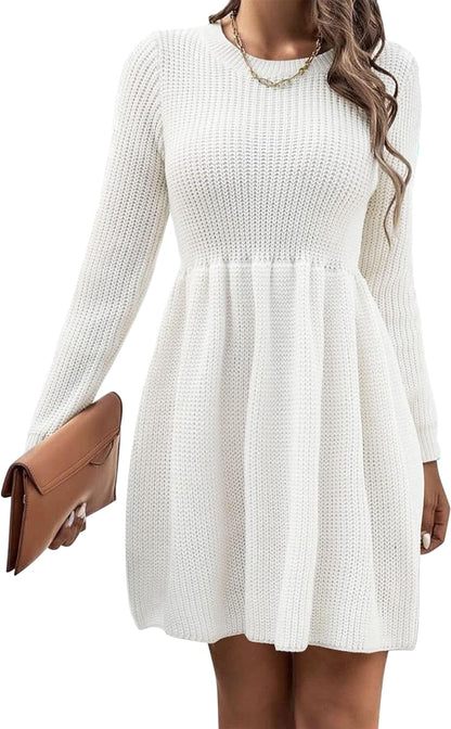 Lauweion Women'S Bodycon Knee Length Skater Sweater Dress Long Sleeve Crewneck Empire Waist Swing Babydoll Dresses White / Medium