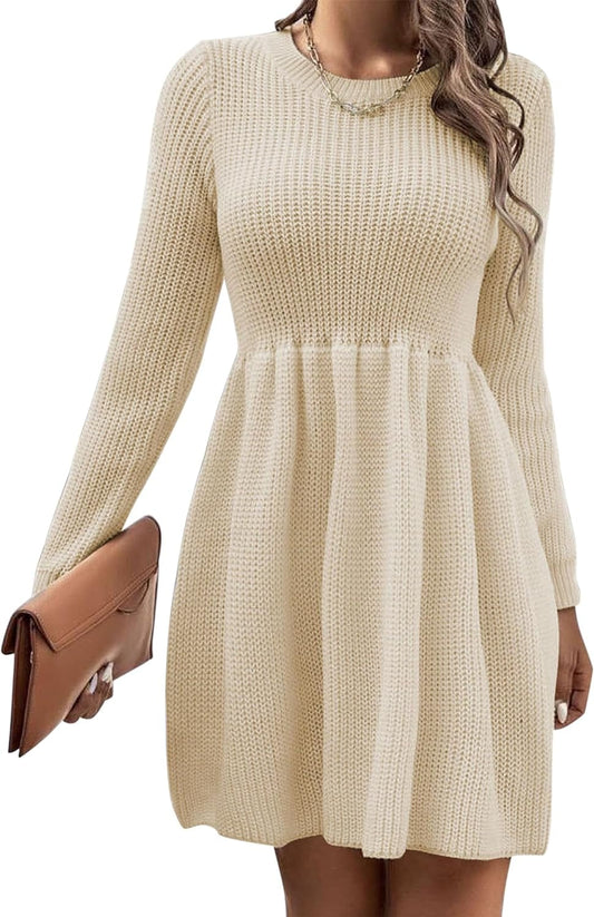 Lauweion Women'S Bodycon Knee Length Skater Sweater Dress Long Sleeve Crewneck Empire Waist Swing Babydoll Dresses