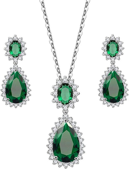 Lavencious Teardrop Dangle Necklace & Earring Sets for Women Trendy AAA Cubic Zirconia for Women Green