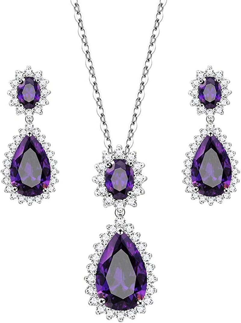 Lavencious Teardrop Dangle Necklace & Earring Sets for Women Trendy AAA Cubic Zirconia for Women Purple