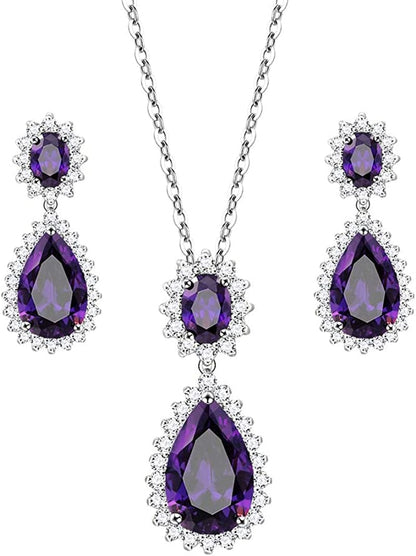 Lavencious Teardrop Dangle Necklace & Earring Sets for Women Trendy AAA Cubic Zirconia for Women Purple