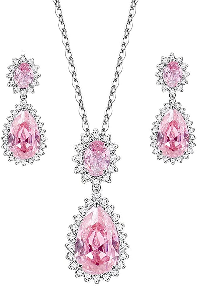 Lavencious Teardrop Dangle Necklace & Earring Sets for Women Trendy AAA Cubic Zirconia for Women Pink