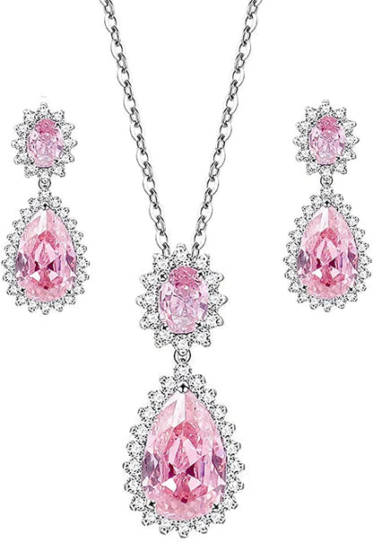 Lavencious Teardrop Dangle Necklace & Earring Sets for Women Trendy AAA Cubic Zirconia for Women Pink