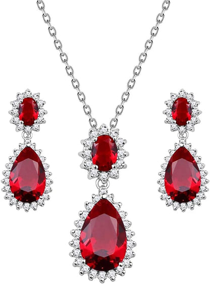 Lavencious Teardrop Dangle Necklace & Earring Sets for Women Trendy AAA Cubic Zirconia for Women Red