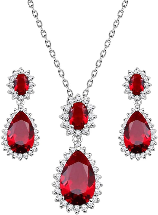Lavencious Teardrop Dangle Necklace & Earring Sets for Women Trendy AAA Cubic Zirconia for Women Red