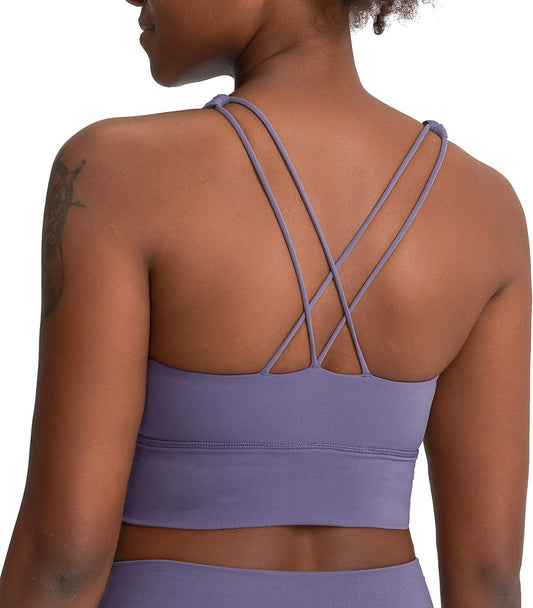 Lavento Strappy Sports Bra for Women Medium Support Workout Training Top Spring Purple / 6