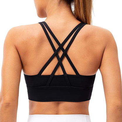 Lavento Strappy Sports Bras for Women Longline Padded Medium Support Yoga Training Bra Top Black / 8