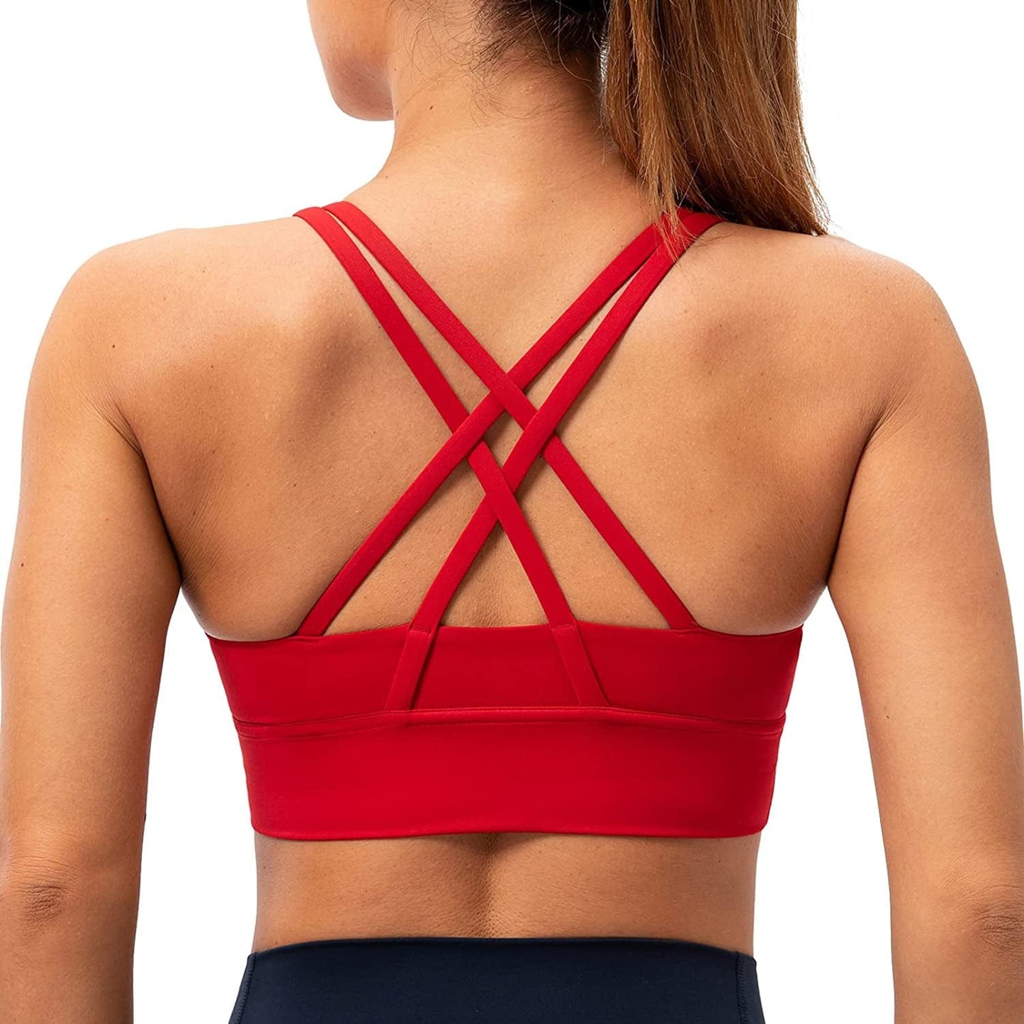 Lavento Strappy Sports Bras for Women Longline Padded Medium Support Yoga Training Bra Top Red / 4