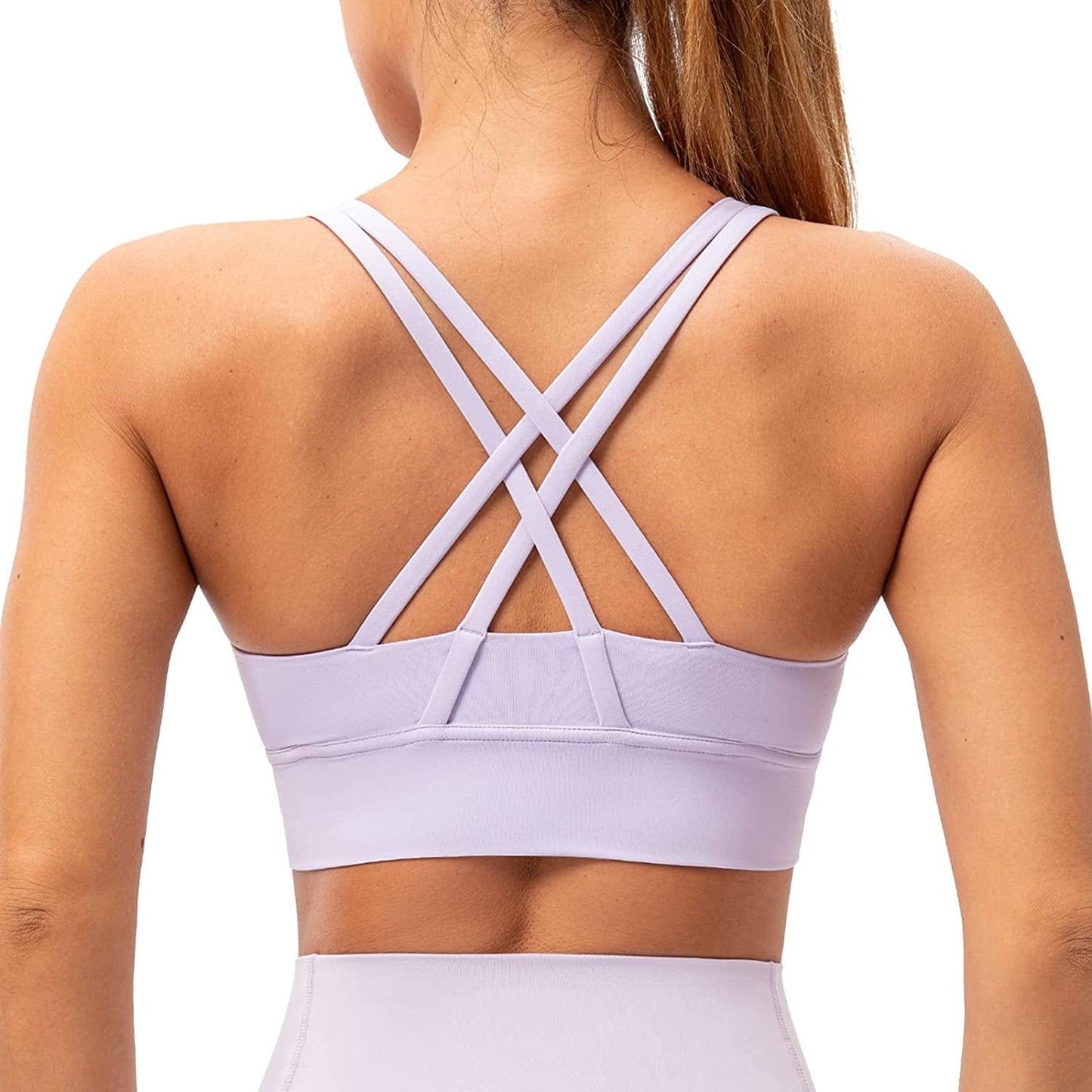 Lavento Strappy Sports Bras for Women Longline Padded Medium Support Yoga Training Bra Top Lavender / 4