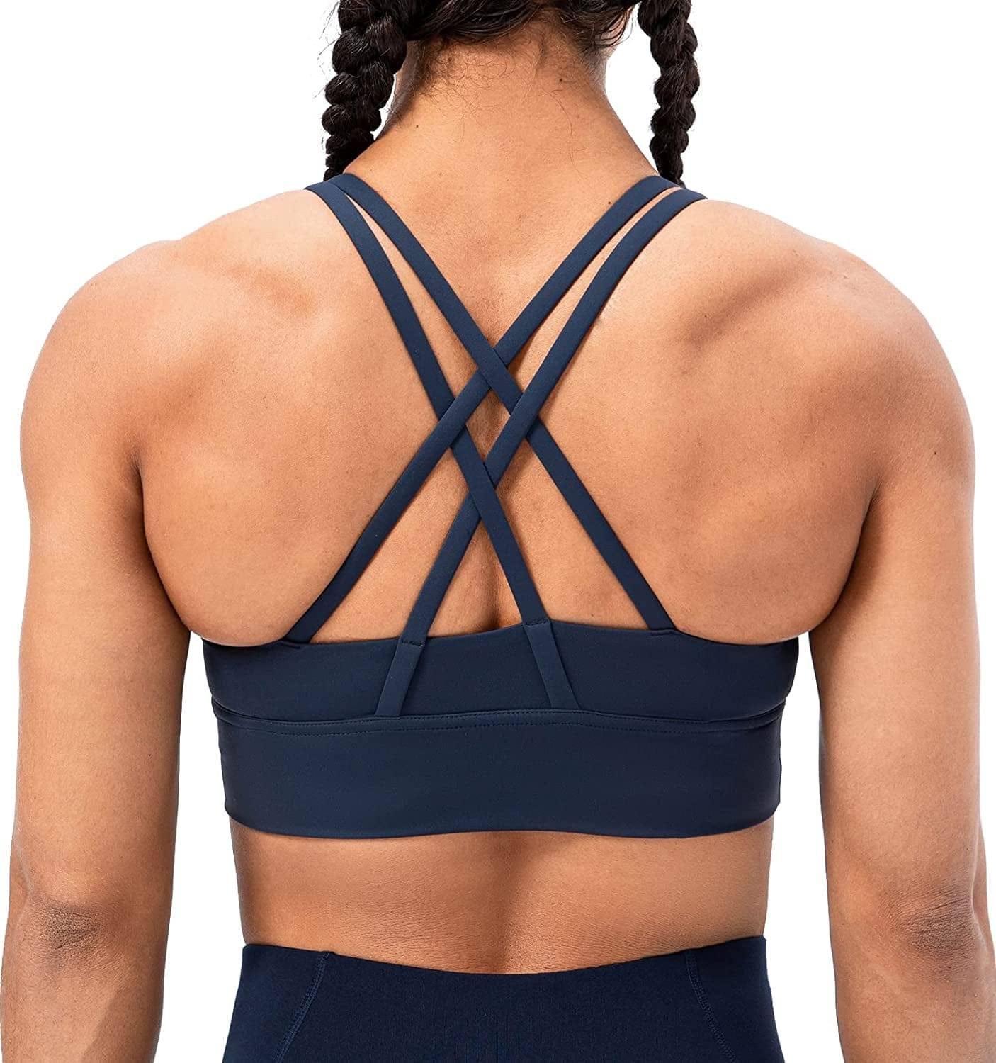 Lavento Strappy Sports Bras for Women Longline Padded Medium Support Yoga Training Bra Top True Navy / 8