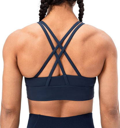 Lavento Strappy Sports Bras for Women Longline Padded Medium Support Yoga Training Bra Top True Navy / 8