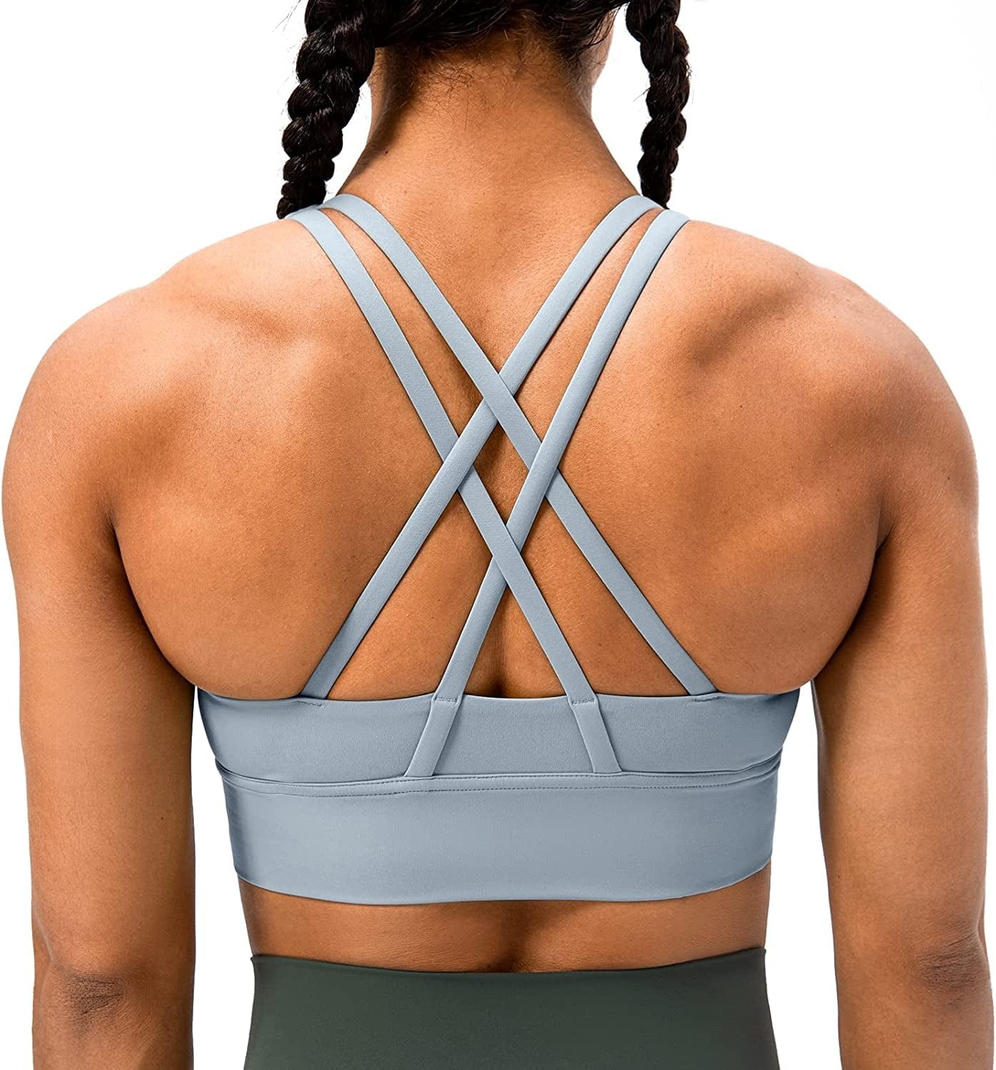 Lavento Strappy Sports Bras for Women Longline Padded Medium Support Yoga Training Bra Top Blue Gray / 10