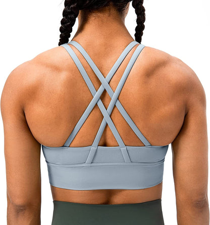 Lavento Strappy Sports Bras for Women Longline Padded Medium Support Yoga Training Bra Top Blue Gray / 10