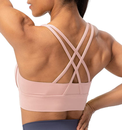 Lavento Strappy Sports Bras for Women Longline Padded Medium Support Yoga Training Bra Top Pink Glow / 6