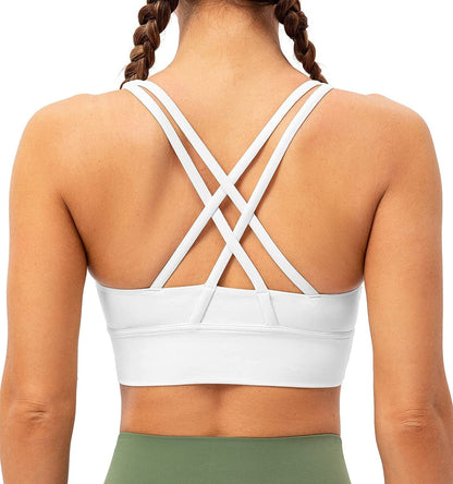 Lavento Strappy Sports Bras for Women Longline Padded Medium Support Yoga Training Bra Top White / 8