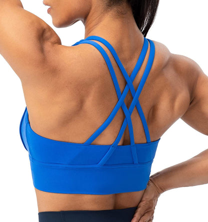 Lavento Strappy Sports Bras for Women Longline Padded Medium Support Yoga Training Bra Top Cobalt Blue / 8