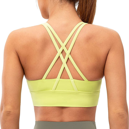 Lavento Strappy Sports Bras for Women Longline Padded Medium Support Yoga Training Bra Top Lime Green / 6