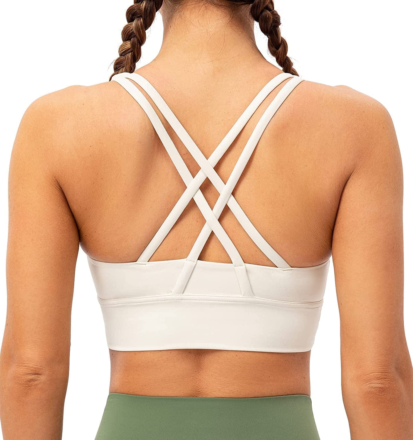 Lavento Strappy Sports Bras for Women Longline Padded Medium Support Yoga Training Bra Top Light Ivory / 8