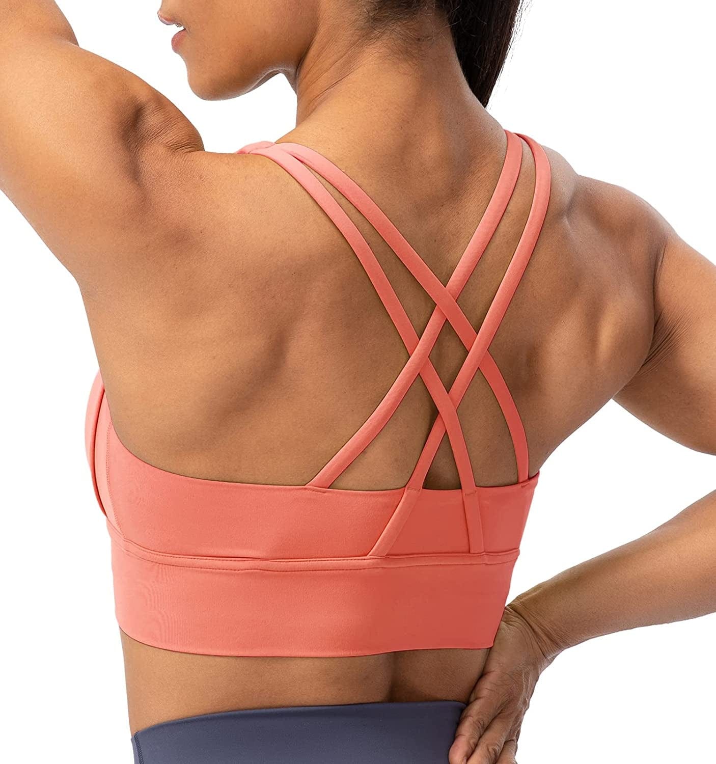 Lavento Strappy Sports Bras for Women Longline Padded Medium Support Yoga Training Bra Top Coral Red / 8