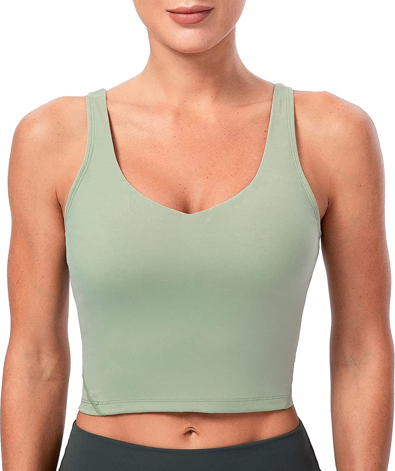 Lavento Women'S Longline Sports Bra Hugged Feeling Soft - Yoga Crop Tank Top with Built in Bra Silky Celadon / 8