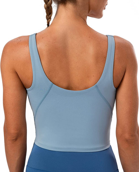 Lavento Women'S Longline Sports Bra Hugged Feeling Soft - Yoga Crop Tank Top with Built in Bra Silky Serenity Blue / 4