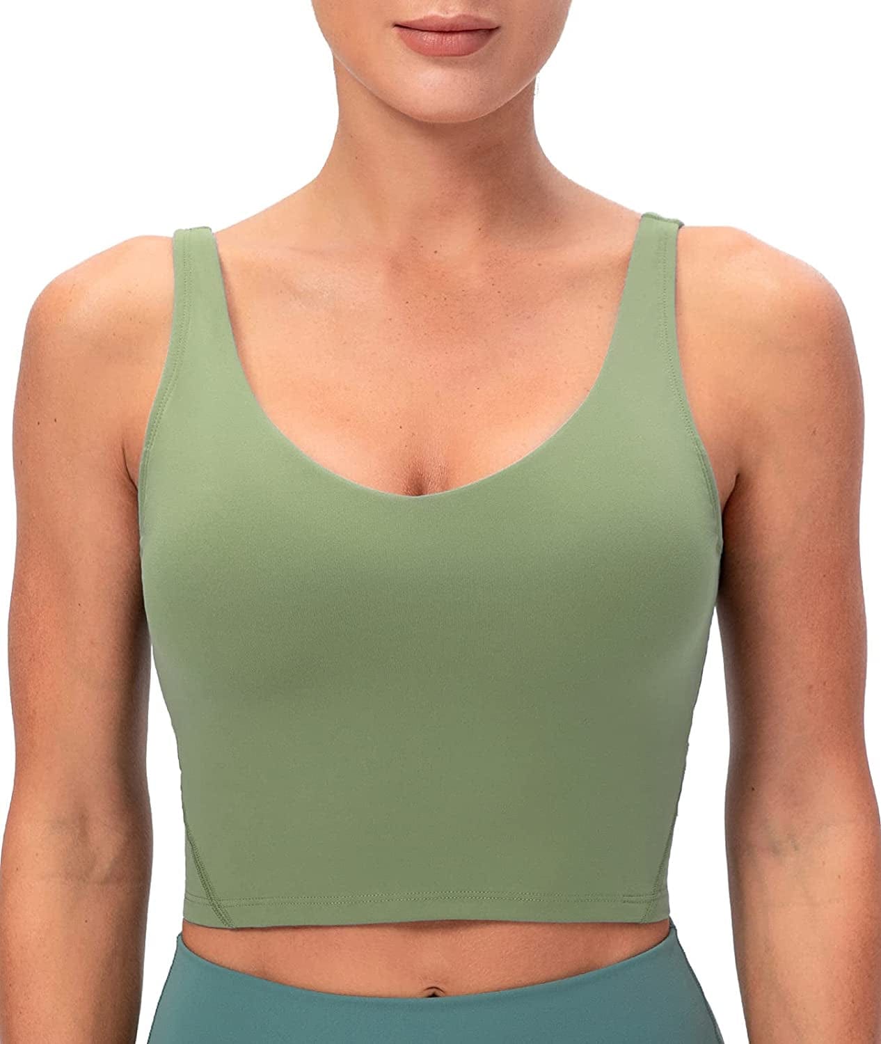 Lavento Women'S Longline Sports Bra Naked Feeling - Yoga Crop Tank Top with Built in Bra Brushed Sage Green / 10