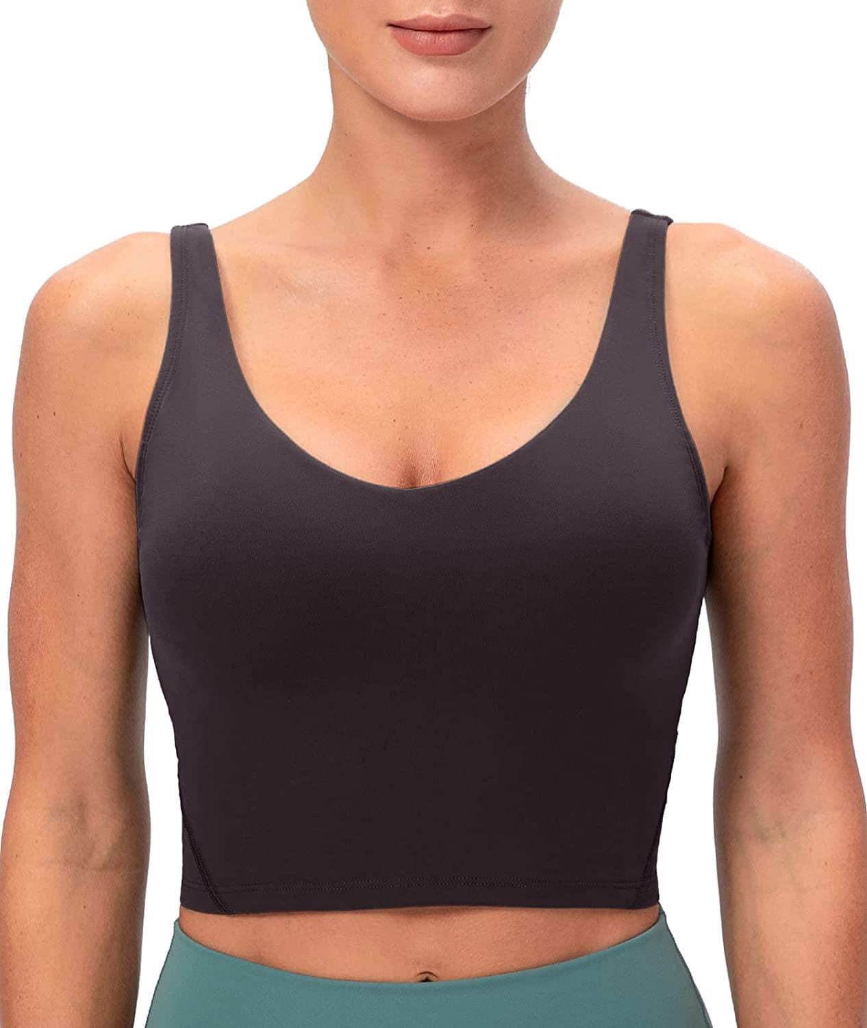 Lavento Women'S Longline Sports Bra Naked Feeling - Yoga Crop Tank Top with Built in Bra Brushed Charcoal Gray / 6