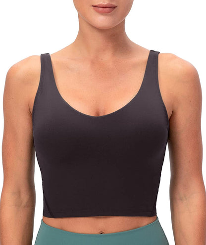 Lavento Women'S Longline Sports Bra Naked Feeling - Yoga Crop Tank Top with Built in Bra Brushed Charcoal Gray / 6