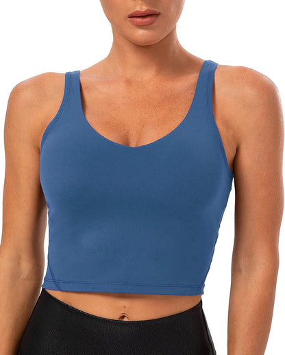 Lavento Women'S Longline Sports Bra Naked Feeling - Yoga Crop Tank Top with Built in Bra Brushed Blue Gray / 10