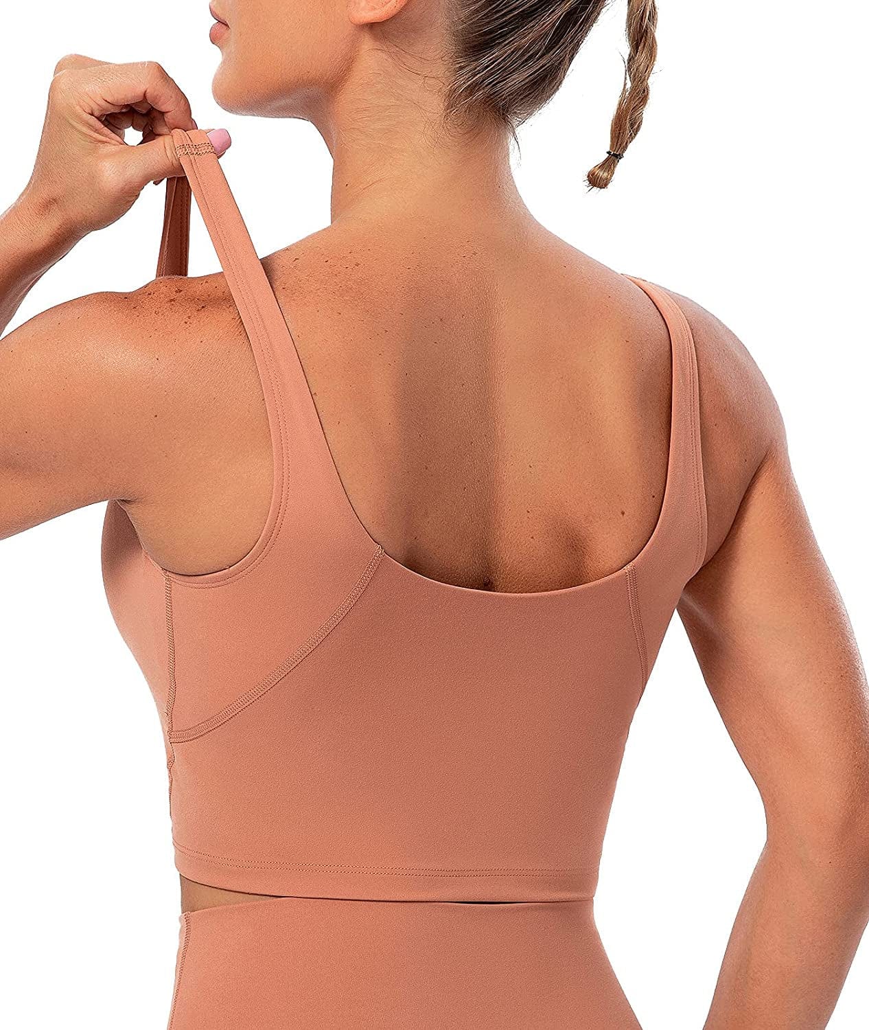 Lavento Women'S Longline Sports Bra Naked Feeling - Yoga Crop Tank Top with Built in Bra Brushed Light Salmon / 10