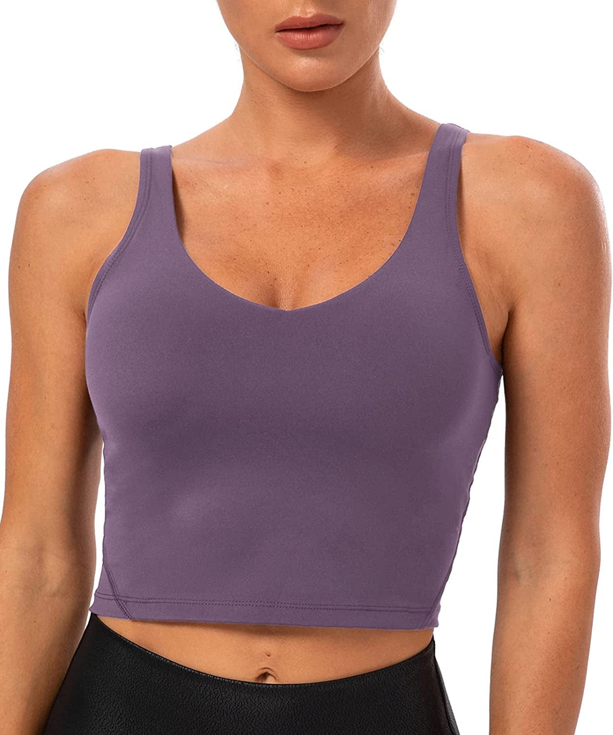 Lavento Women'S Longline Sports Bra Naked Feeling - Yoga Crop Tank Top with Built in Bra Brushed Lavender Gray / 4