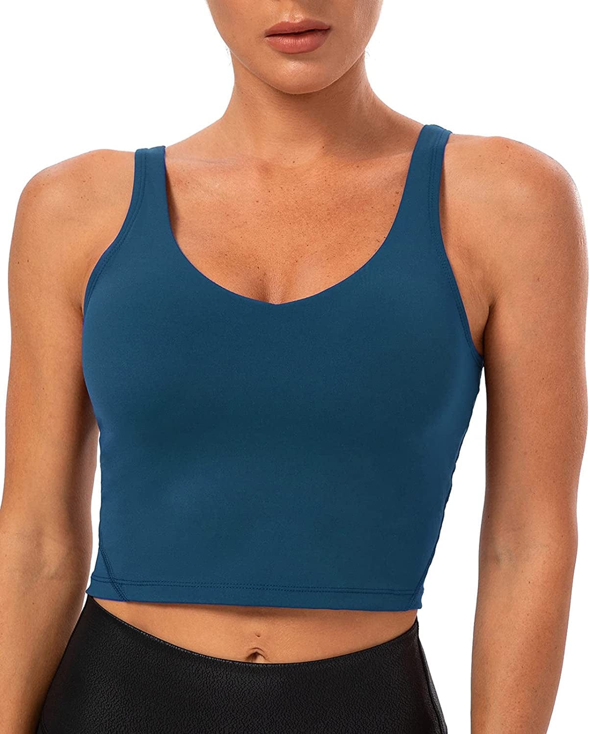 Lavento Women'S Longline Sports Bra Naked Feeling - Yoga Crop Tank Top with Built in Bra Brushed Cerulean / 8